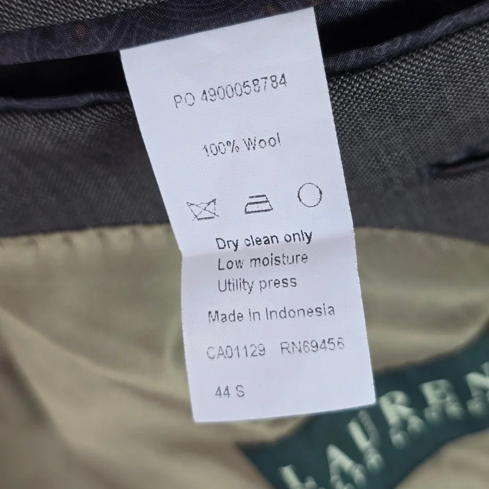 Lauren Ralph Lauren Men 44S Gray 100% Wool Two Button Blazer Sport Coat 44 Short